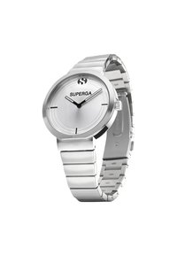 Orologio da polso in argento con cinturino metallico. Il quadrante rotondo presenta un disco in argento spazzolato, il logo nero "SUPERGA" e indicatori delle ore minimalisti.