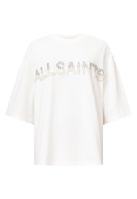 T-shirt bianco in cotone oversize con maniche corte, caratterizzato dalla scritta "ALLSAINTS" in lettere bombate e lucide di perline sul davanti.