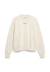 Crème sweatshirt met geribbelde manchetten en zoom, voorzien van een ronde halslijn en "ARMEDANGELS" in donkerblauw gedrukt op de borst.