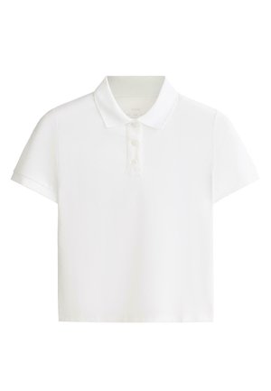 White short-sleeve polo shirt with a collar and three buttons on the front placket, displayed on a plain background.