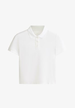 White short-sleeve polo shirt with a collar and three buttons on the front placket, displayed on a plain background.