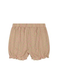 Beige rövidnadrág rózsaszín pöttyökkel, rugalmas derékrész, ráncolt részlet az alján, és laza fazon a kényelemért.