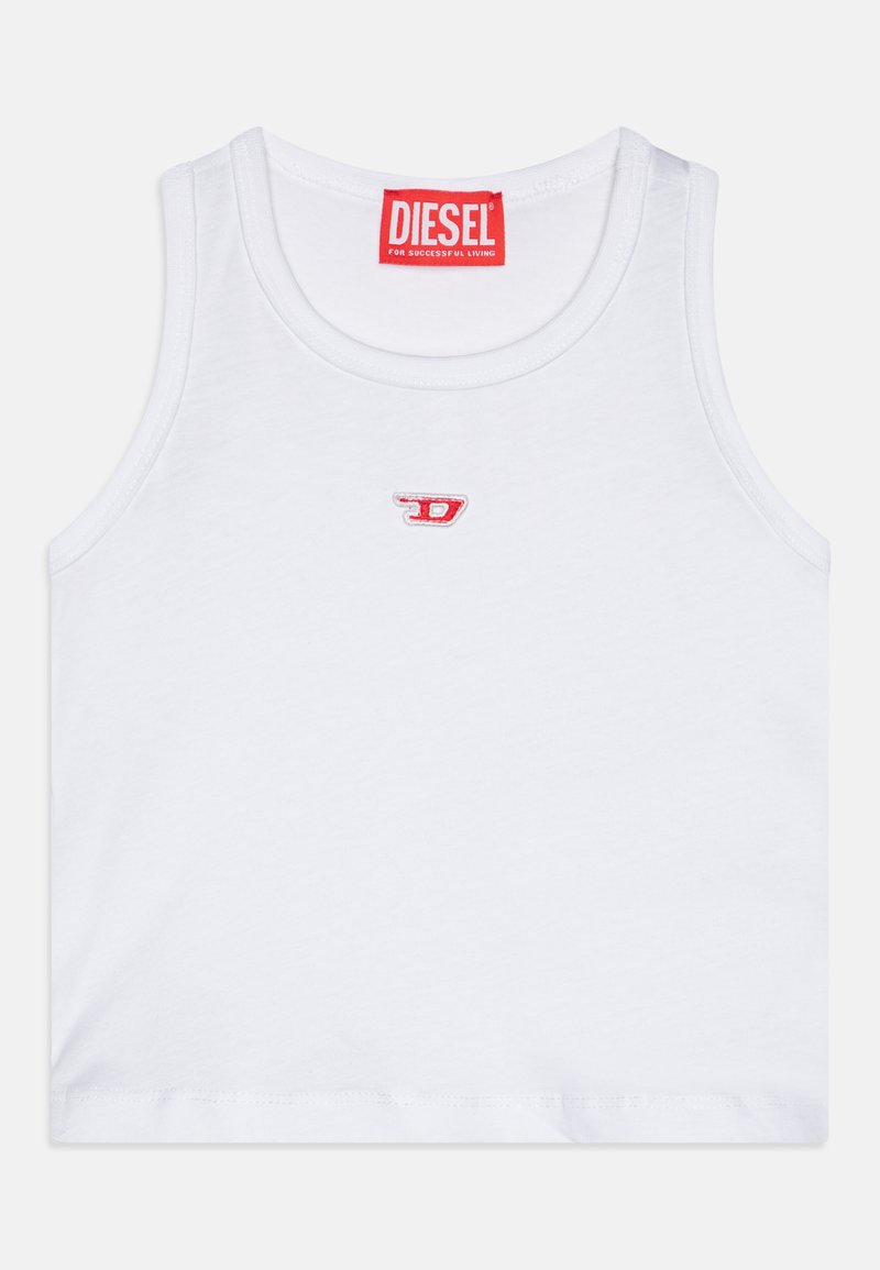 Valge puuvillane kampsun ilma varrukateta, ümmarguse kaelusega. Vasakul küljel on väike punane tikand "D" logo.