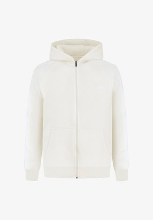Cremefarbene Zip-Up-Hoodie mit einer Fronttasche, gerippten Bündchen und weißen Seitenstreifen; bietet eine weiche Textur und ein tailliertes Design.