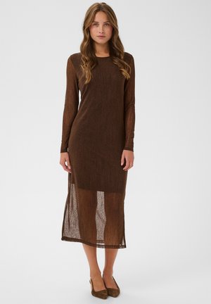 Kvinna med långt vågigt hår, iklädd en genomskinlig brun midi-klänning med långa ärmar och bruna klackar, stående mot en plain ljus bakgrund.