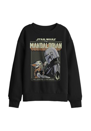 Black sweatshirt featuring Mandalorian holding Baby Yoda with caption "Star Wars The Mandalorian" and "The Legend Continues."