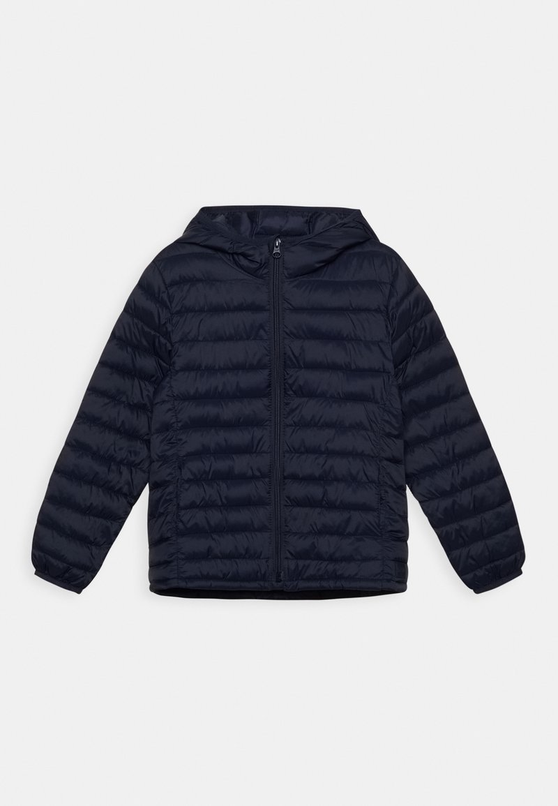 Giacca trapuntata navy con cerniera frontale, cappuccio e design a righe orizzontali. Realizzata in materiale leggero con polsini elasticizzati.