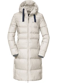 Pufferjack met een capuchon, lichtbeige kleur, gequilt ontwerp, dubbele voorkantzakken, donkerblauwe accenten op de rits en trekkoorden.