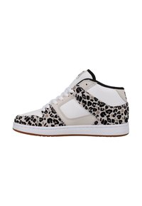 High-Top Sneaker aus weißem Leder und beigem Stoff mit schwarzem Leopardenmuster. Gummisohle mit strukturiertem Finish und schwarzen Akzenten.