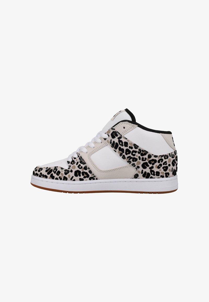 High-top sneaker featuring white leather and beige fabric with black leopard print. Rubber sole with textured finish and black accents.