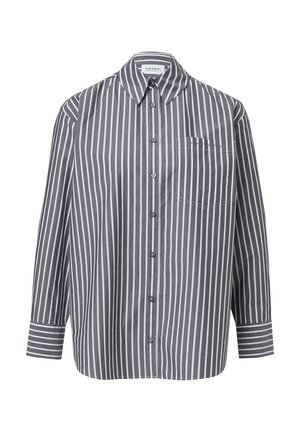 Hemd aus grau-weiß gestreifter Baumwolle mit Knopfleiste. Hat lange Ärmel, einen spitzen Kragen und eine einzelne Brusttasche mit Nähdetails.