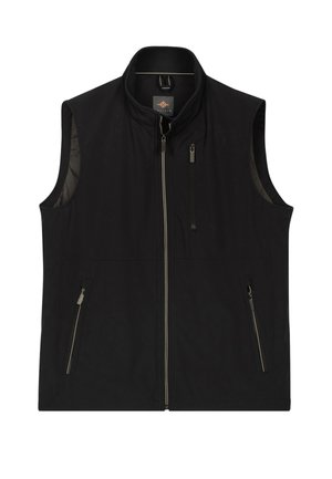 Schwarze ärmellose Weste mit Frontreißverschluss, hohem Kragen und drei Reißverschlusstaschen, präsentiert vor weißem Hintergrund.