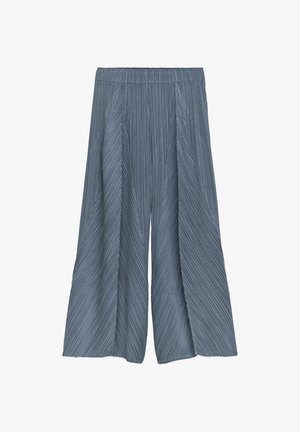 Pants made of lightweight fabric, featuring a pleated design in a muted blue color with vertical striped patterns and an elastic waistband.