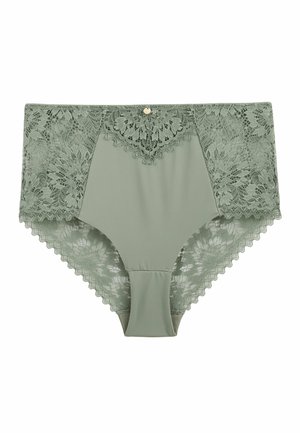 Culotte taille haute pour femme, vert sauge, avec panneaux en dentelle florale, bords festonnés et un petit charme rond doré au centre devant.