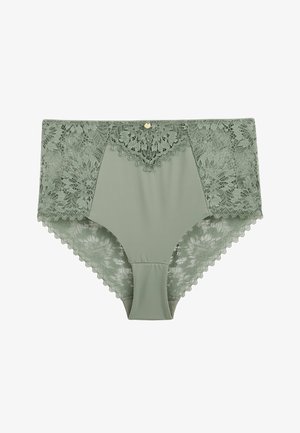 Culotte taille haute pour femme, vert sauge, avec panneaux en dentelle florale, bords festonnés et un petit charme rond doré au centre devant.