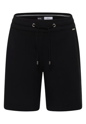Shorts noirs longueur genou avec une ceinture élastique et un cordon réglable, comportant des œillets argentés et une petite étiquette de marque sur le côté.