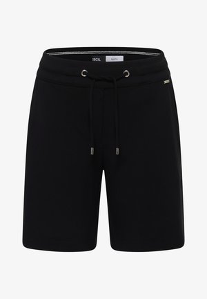 Shorts noirs longueur genou avec une ceinture élastique et un cordon réglable, comportant des œillets argentés et une petite étiquette de marque sur le côté.