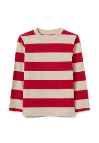 Camicia a maniche lunghe realizzata in morbido cotone, con strisce orizzontali alternate rosse e crema, scollo rotondo e dettagli cuciti.