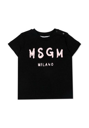 Czarna krótkorękawowa koszulka dla malucha z różowym napisem "MSGM MILANO" i dwoma czarnymi zatrzaskami na lewym ramieniu.