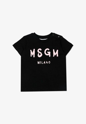 T-shirt nera a maniche corte per bambino piccolo con scritta rosa "MSGM MILANO" e due bottoni automatici neri sulla spalla sinistra.