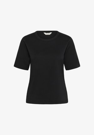 Zwarte kortarm t-shirt van katoen met een ronde hals. Heeft een zachte textuur en een relaxte pasvorm. Geen zichtbare patronen of versieringen.