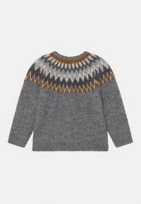 Gray knitted sweater with long sleeves; round yoke featuring a geometric pattern in black, white, and amber; soft texture.