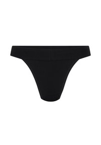 Tanga noir en tissu lisse et extensible. Dispose d'une taille large et plate, offrant une couverture minimale avec un design sans couture.