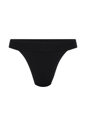 Schwarzer Damenstring aus glattem, dehnbarem Material. Verfügt über einen breiten, flachen Bund und minimalen Schutz mit nahtlosem Design.