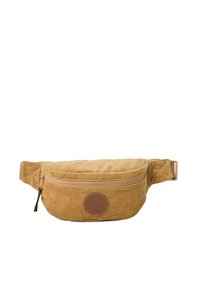 Beige Corduroy-Tasche mit Reißverschluss auf der Vorderseite und eingestanztem runden Lederlogo, verstellbarer Gurt mit Plastikschnalle.