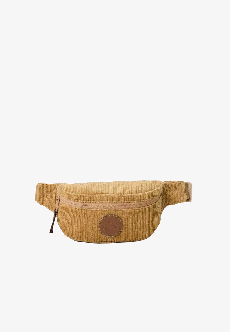 Beige Corduroy-Tasche mit Reißverschluss auf der Vorderseite und eingestanztem runden Lederlogo, verstellbarer Gurt mit Plastikschnalle.