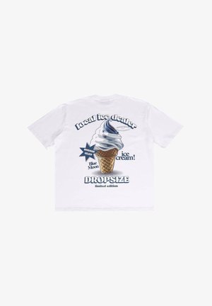 White t-shirt featuring a graphic of an ice cream cone with soft serve, blue accents, and text: "local ice dealer," "Blue Moon," "DROPSIZE."