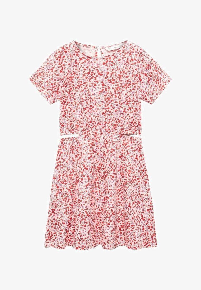Robe rose à manches courtes, cintrée à la taille, avec un motif floral rouge et violet, et un col rond fermé par un bouton à l'arrière.