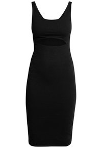 Musta ilman hihoja bodycon-mekko, jossa on pyöreä pääntie ja avonainen yksityiskohta vyötäröllä, valmistettu sileästä, joustavasta kankaasta.