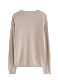 Beige, langärmeliger Pullover mit rundem Ausschnitt, aus einem weichen Material gefertigt. Bequeme Passform und gerippte Bündchen sowie Saum. Rückansicht gezeigt.