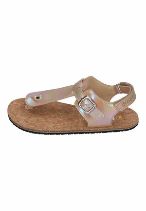 Child's sandal with cork sole and iridescent leather straps, featuring a toe loop and adjustable silver buckle.