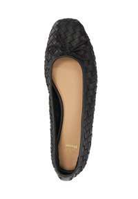 Black woven flat shoe with a rounded toe, featuring a textured surface and small bow accent at the front. Soft beige insole visible inside.