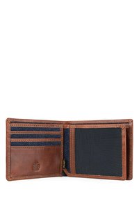 Monedero de cuero marrón con múltiples ranuras para tarjetas, forro de tela azul marino, protección RFID y un interior texturizado para un almacenamiento seguro.