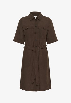 Brun, kortærmet kjole i en blanding af hør. Har en krave, knaplukning foran, to brystlommer og en bunden taljedetalje.