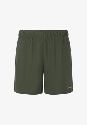 Kurze grüne Shorts mit elastischem Bund, aus leichtem Stoff gefertigt. Einfaches Design, ohne zusätzliche Muster oder Akzente.