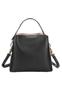 Borsa in pelle nera con finitura testurizzata, dettagli in metallo dorato, manico superiore e tracolla staccabile. Fodera interna liscia.