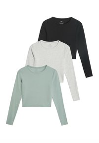 Drei langärmelige Cropped Tops in Minzgrün, Hellgrau und Schwarz. Hergestellt aus weichem Stoff mit Rundhalsausschnitten und tailliertem Design.