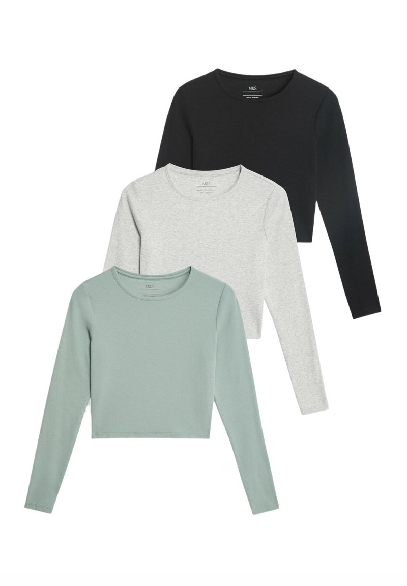 Drei langärmelige Cropped Tops in Minzgrün, Hellgrau und Schwarz. Hergestellt aus weichem Stoff mit Rundhalsausschnitten und tailliertem Design.