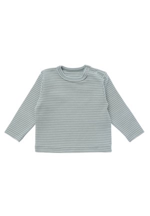 Long-sleeve top in light gray with white horizontal stripes, soft cotton material, rounded neckline, and snap closures on the shoulder.
