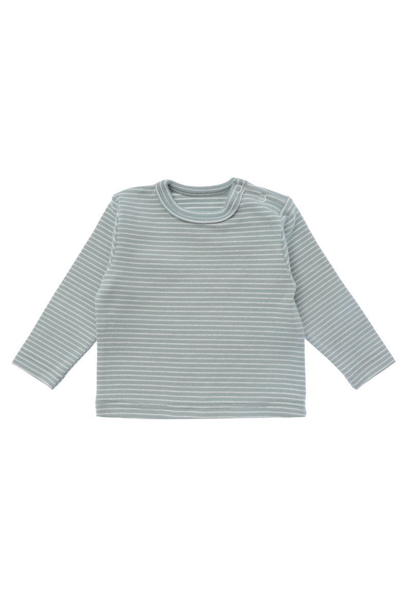 Langärmliges Oberteil in Hellgrau mit weißen horizontalen Streifen, weiches Baumwollmaterial, runder Halsausschnitt und Druckknopfverschlüsse an der Schulter.