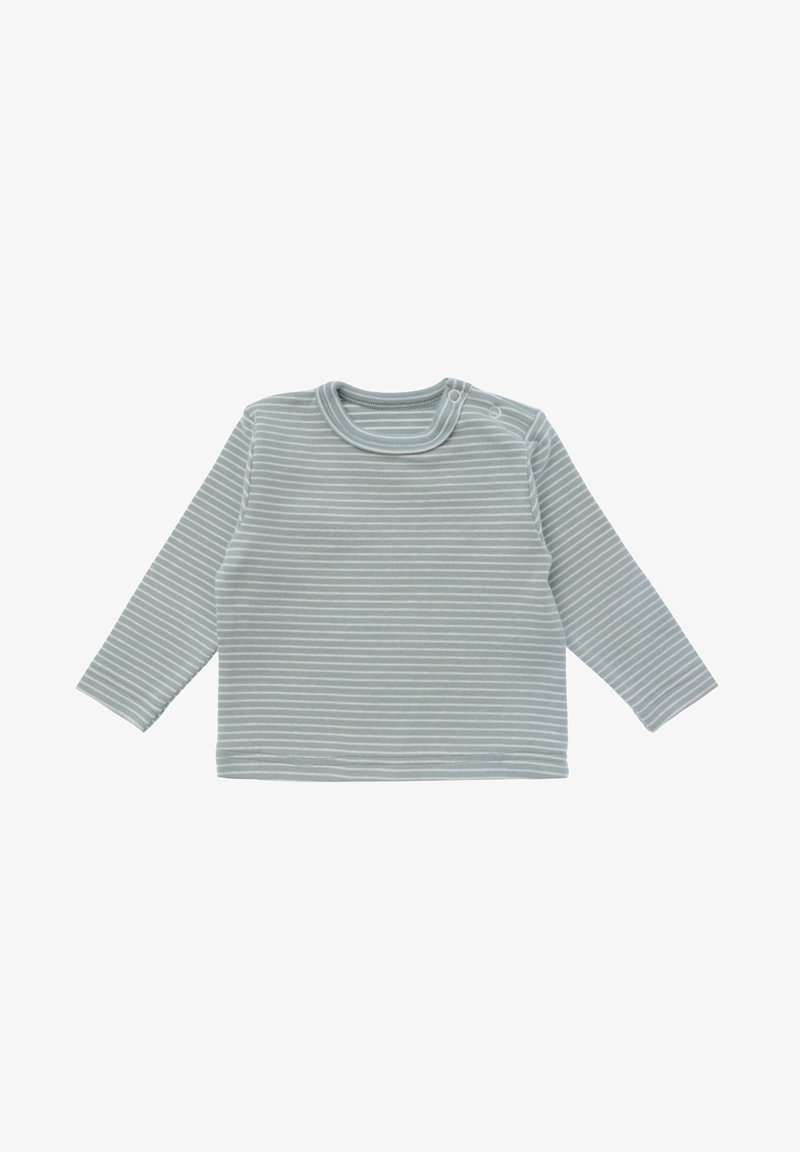 Langärmliges Oberteil in Hellgrau mit weißen horizontalen Streifen, weiches Baumwollmaterial, runder Halsausschnitt und Druckknopfverschlüsse an der Schulter.