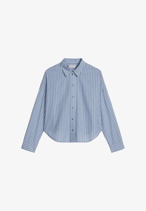 Blauw-wit gestreept overhemd met lange mouwen en knopen, voorzien van een kentkraag en afgeronde zoom. Gladde stof met een ontspannen pasvorm.