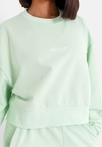 Lichtgroene cropped sweatshirt van zacht materiaal, met een ronde hals en een geborduurd logo in het wit. Minimalistisch ontwerp en een relaxte pasvorm.