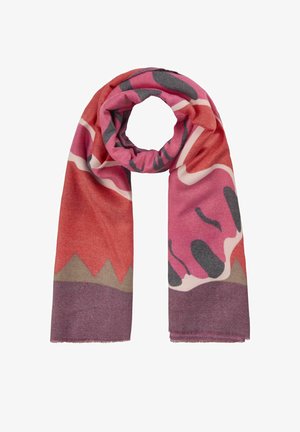 Soft woven scarf with abstract floral and geometric patterns in shades of red, pink, gray, and purple, folded in a loop.