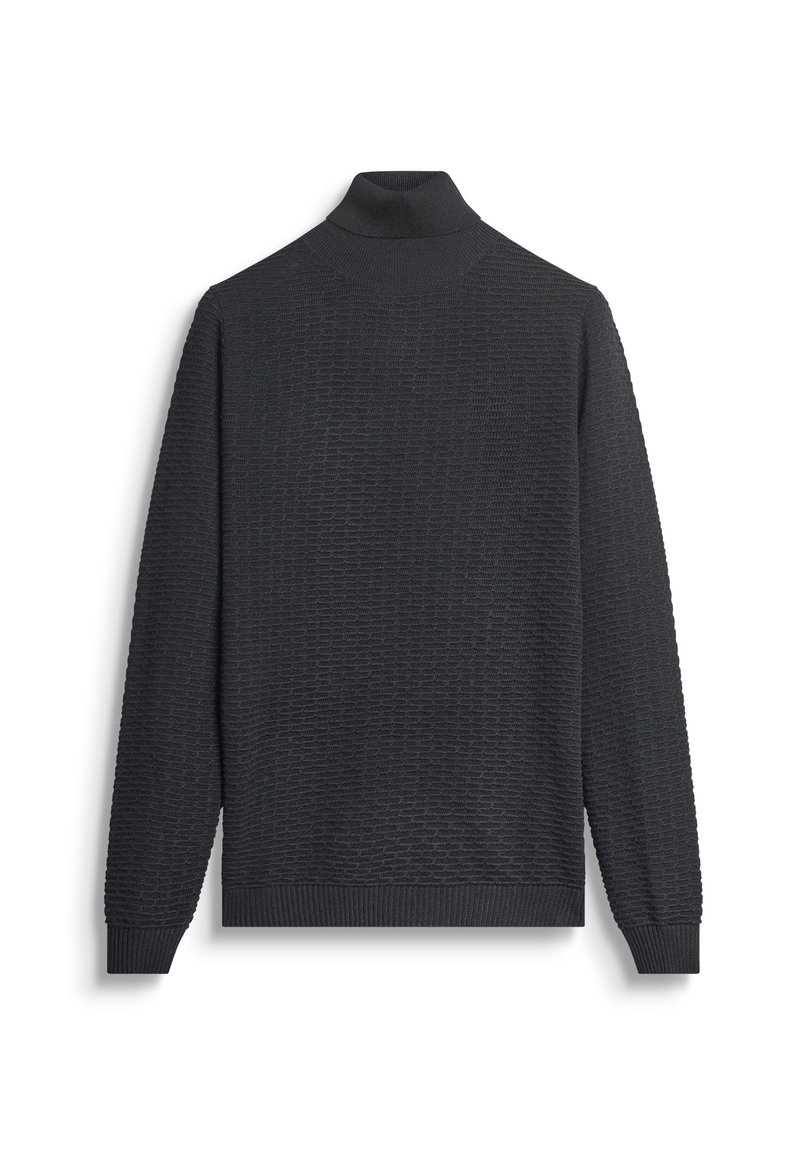 Tamni uzorak turtleneck pulover s teksturiranim pletenim dizajnom i rebrastim manžetama i donjim rubom. Stražnji pogled prikazuje bešavnu konstrukciju.