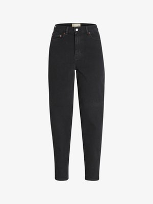 High-waisted black jeans made of denim, featuring a button closure, five pockets, and subtle stitching details. Slim fit with tapered legs.